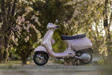 Singburi, Tayland - 27 Şubat 2022 Yeni Vespa İtalyan tasarımı scooter 'ı yol kenarına park edilmiştir..