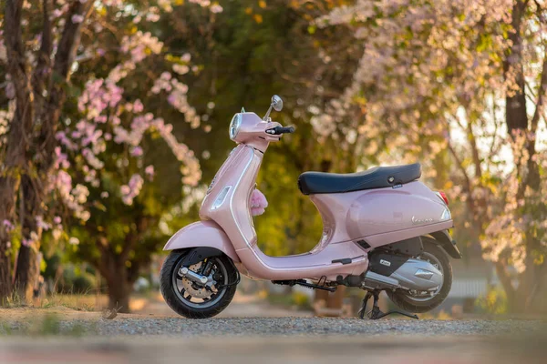 Singburi, Tayland - 27 Şubat 2022 Yeni Vespa İtalyan tasarımı scooter 'ı yol kenarına park edilmiştir..