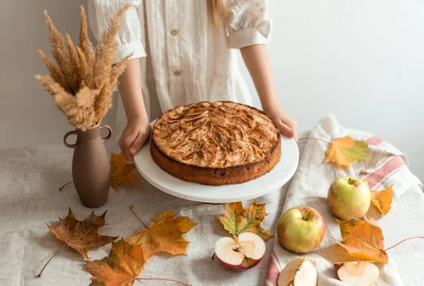 Little Girl White Dress Standing Kitchen Apple Pie Autumn Concept — Stock Photo, Image