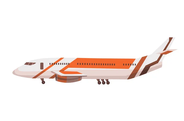 Avião moderno em vista lateral. Veículo rápido para viajar. Transporte de viagem Skyline. Aeronaves para acomodar muitos passageiros —  Vetores de Stock