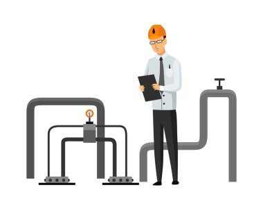 Petrol endüstrisi. Profesyonel belge arayan mühendis ya da petrolcü izole edildi. Çizgi film ikonu üzerinde kontrol çıkarma ya da ulaşım yağı ve benzin. İzole vektör illüstrasyonu