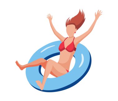 Kadınlar şişme yatakta yüzerler. Eğlenceli kadın karakteri. Şişme yüzükte yüzen genç bayan. Yazın düz çizgi film çizimi