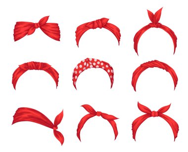 Kadınlar için eski saç bandı koleksiyonu. Dekoratif saç düğümünün maketleri. Kırmızı bandana rüzgarlı saç sosu. Saç stilleri için bağlanmış mendil