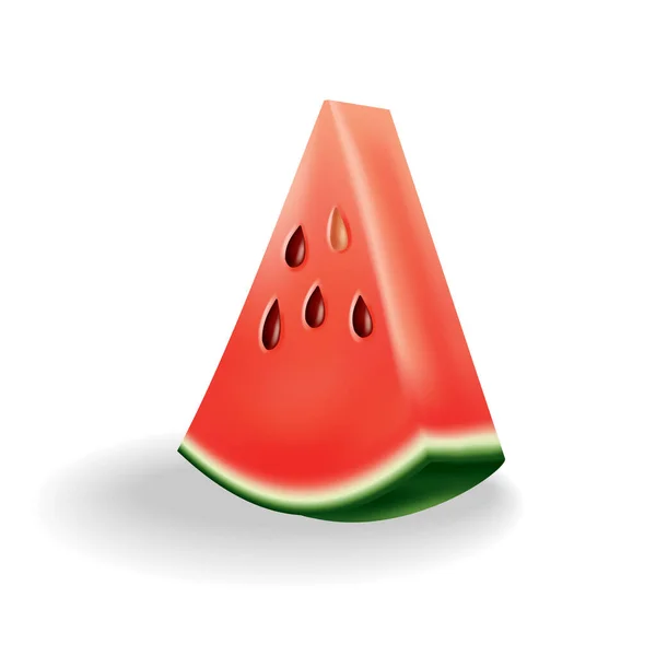 Sandía dulce natural. Icono de fruta roja madura cortada en rebanada en estilo de dibujos animados realistas 3d. Fresca y jugosa baya colorida aislada sobre fondo blanco — Vector de stock