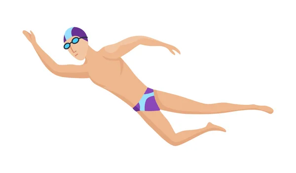 Mayolu, şapkalı ve gözlüklü yüzücü karakteri. Hareket halindeki insanlar ya da meşgul su sporları. Çizgi film tarzında renkli vektör çizimi beyaz arkaplanda izole edildi — Stok Vektör