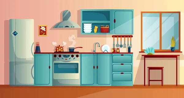 Interior de la cocina witn muebles ilustración vector de dibujos animados. Cocina casera con mesa de comedor de madera, armarios de cocina, horno frigorífico, vitrocerámica y campana extractora. Electrodomésticos para el hogar — Archivo Imágenes Vectoriales