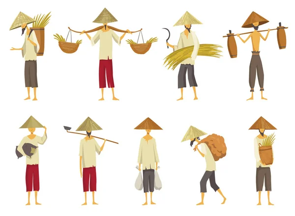 Συλλογή Ασιατών αγροτών σε αχυρένια κωνικά χάτα. Ασία αγροτικός πολιτισμός. Κινέζοι αγρότες που μεταφέρουν σοδειά ρυζιού στους ώμους και στα χέρια του. Εικονογράφηση διανυσμάτων — Διανυσματικό Αρχείο