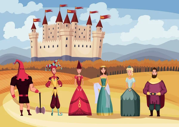 Rey y reina medievales, bufón, verdugo sobre fondo de castillo medieval de cuento de hadas. Dibujos animados Edad Media período histórico. Personajes medievales del reino de pie en trajes — Vector de stock