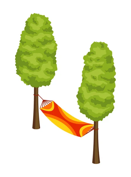 アイソメトリックキャンプ。ハイキングの色のシンボル。ツール属性やキャンプ機器の要素とアイコン。2本の木の間に広がる寝袋ベクトル図 — ストックベクタ