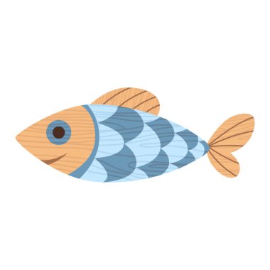 Tahta çocuk oyuncağı. Çocuklar için ekolojik bir cihaz. Gülümseyen şirin bir balık hayvanı. Bebek için Retro çizgi film tasarımı çalma aracı. Plastik yok