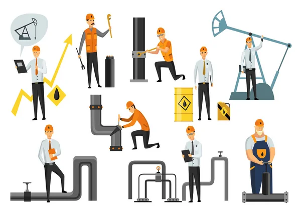 Βιομηχανία πετρελαίου. Μηχανικοί ή πετρελαιάδες σε επαγγελματική εργασία απομονωμένοι. Εξόρυξη και μεταφορά πετρελαίου και βενζίνης, εξέδρα και βαρέλια σε επίπεδα εικονίδια κινουμένων σχεδίων. Απομονωμένη διανυσματική απεικόνιση — Διανυσματικό Αρχείο