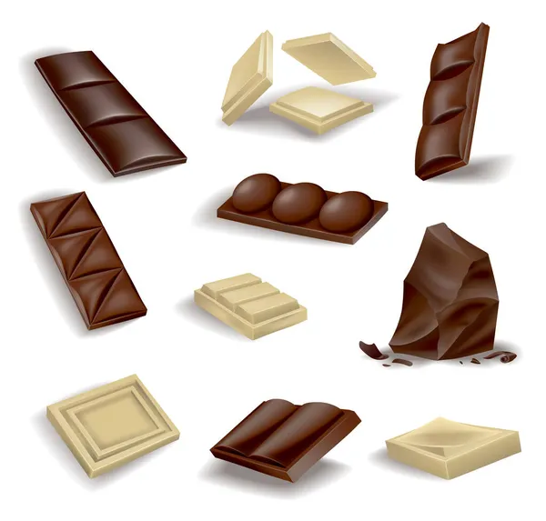 Pedaços de chocolate realistas conjunto de escuro, leite e chocolate branco. Um pedaço de sobremesa de cacau ou chocolate doce quadrado. Alimento lanche doce isolado no fundo branco — Vetor de Stock