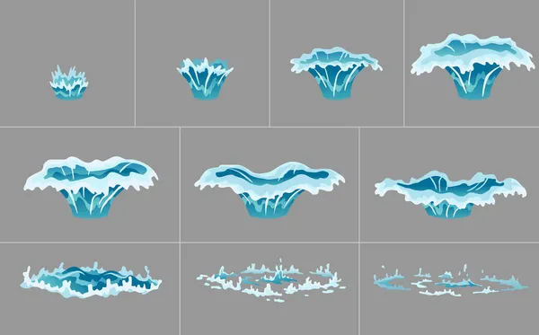 Waterspetters animatie. Druipend water speciaal effect. Fx sprite laken. Heldere waterdruppels barsten voor flash-animatie in games en video. Cartoon frames — Stockvector