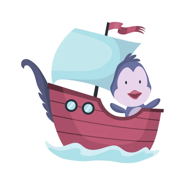 Mignon pingouin animal naviguant sur le bateau. Vecteur drôle marin de dessin animé sur voilier avec des vagues d'eau isolé sur fond blanc. Caractère bébé — Image vectorielle