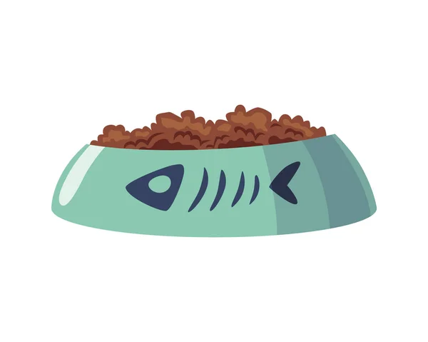 Snack para gato. Cuenco lleno de comida con logotipo de pescado. Vector comida seca. Tienda de mascotas producto para gatos. Icono plano de dibujos animados aislado en blanco — Vector de stock