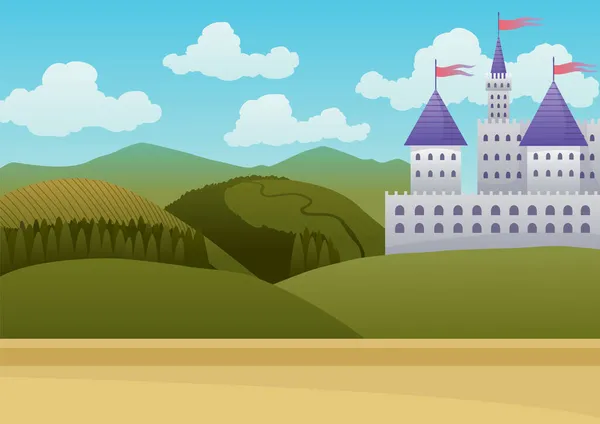 Castillo medieval sobre un fondo de cielo azul. Dibujos animados Edad Media período histórico. Arquitectura medieval del castillo de piedra — Vector de stock