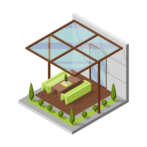 パティオと中庭のアイソメトリックコンポジション。プライベートテラスと透明なガラスカバー付きの家。テーブルの場所のための屋根付きのベランダ。近代建築 — ストックベクタ