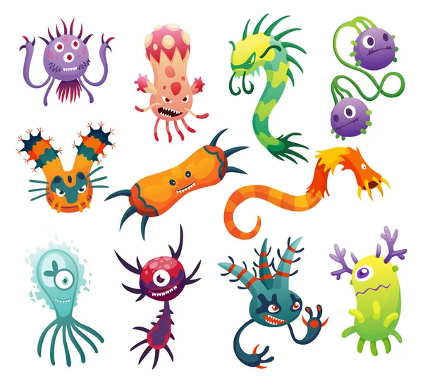 Карикатурные бактерии. Микроб или микроб установлен. Коллекция забавных персонажей. Милые детишки, игрушечные иконы монстров. Цветная стилизованная коллекция векторных рисунков — стоковый вектор