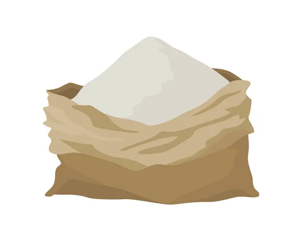 Τσάντα αγρότη λινάτσα για αλεύρι, ρύζι ή αλάτι. Αγροτική παραγωγή σε καφέ υφασμάτινη μπάλα, που ανοίγει με το προϊόν μέσα. Εικονίδιο φορέα κινουμένων σχεδίων απομονωμένο σε λευκό φόντο — Διανυσματικό Αρχείο