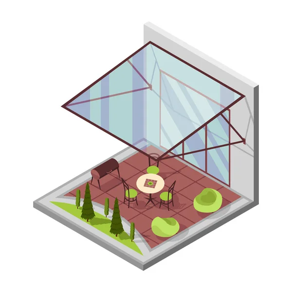 Binnenplaats isometrische samenstelling met patio. Huis met een eigen terras en transparante glazen afdekking. Overdekte veranda voor een tafeltje. Moderne architectuur — Stockvector