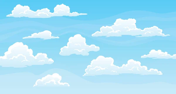 Sky with fluffy clouds on sunny day. Cartoon summer time with blue cloudscape. Paradise heaven background — Stock Vector