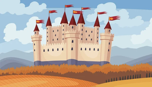 Castillo medieval sobre un fondo de cielo azul. Dibujos animados Edad Media período histórico. Arquitectura medieval del castillo de piedra — Vector de stock