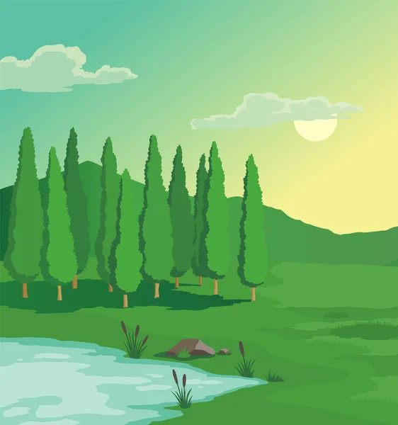 気候変動の前に。地球環境問題。手の木、緑の草や湖で自然の風景を描いた。地球温暖化の概念 — ストックベクタ