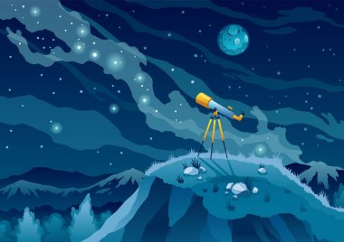 Uzay keşfi için teleskop, bilimsel keşif ve astronomi araştırması. Yıldızlı karanlık bir gökyüzünün arka planına karşı. Tepede üç ayaklı camlı gece manzarası. İzlemek için ekipman