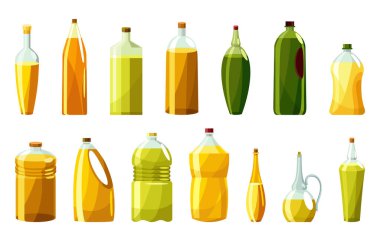 Sebze yağı şişeleri. Yemek yapmak için vitamin yağlı teneke kutular. Tohumdan organik sağlıklı sıvı ürünler. Ayçiçeği ürünü ile izole edilmiş karikatür simgeleri