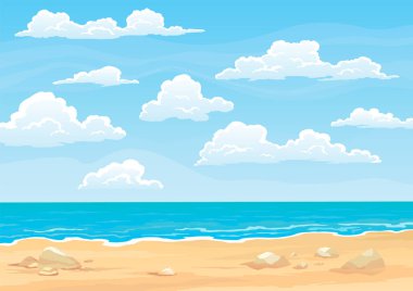 Deniz kenarı ya da tropikal manzara. Güzel sahil plajı. Güneşli bir günde sahil. Mavi gökyüzü olan karikatür yaz plajı. Cennet tatilde dinlenir.