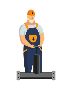 Petrol endüstrisi. Profesyonel çalışma sürecindeki mühendis ya da petrolcü izole edildi. Çizgi film ikonu üzerinde onarım ya da ulaşım yağı ve benzin. İzole vektör illüstrasyonu