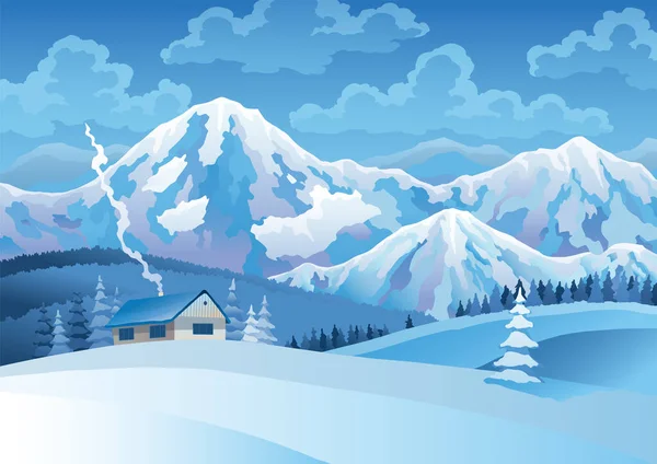 Winterlandschaft mit Haus, schneebedeckten Kiefern im Vordergrund und Berggipfeln, Hügeln, Wolken am Himmel im Hintergrund. Vektorzeichnung des schneebedeckten Feldes, auf dem das Haus steht — Stockvektor