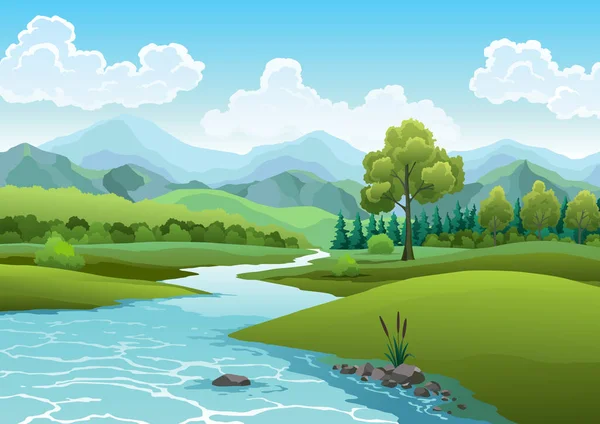 Landscape with river flowing through hills, scenic green fields, forest and mountains. Beautiful scene with river bank shore, reed cane, blue water, green hill, grass tree and clouds on sky — Stock Vector