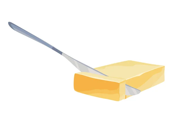 Mantequilla, margarina o untar. Trozo de producto lácteo natural en rodajas amarillas. Grasas, calorías, alimentos naturales para el desayuno, para comer y como ingrediente para cocinar — Archivo Imágenes Vectoriales