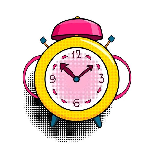 Reloj despertador cómico. Pop art icono de dibujos animados colorido y dinámico en estilo retro. Vector brillante objeto de dibujos animados con sombra de puntos de medio tono — Archivo Imágenes Vectoriales