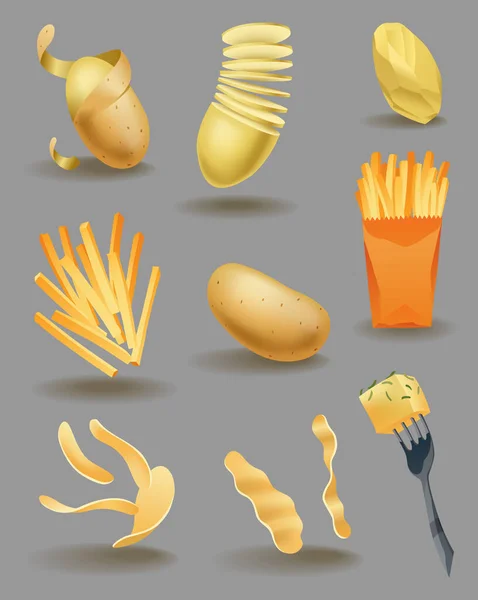 Sbírka bramborových občerstvení. Potraviny, nádobí, farmářská zelenina. Ikony pro fast food menu. Syrové brambory, celé kořenové plodiny a krájené kousky. Návrh vektoru zeleniny — Stockový vektor
