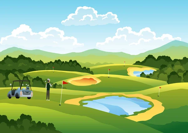 Grön golfbana med hål och röda flaggor för att indikera målet. Landsbygd med vacker bakgrund. Handritat naturlandskap med träd, grönt gräs och sjöar — Stock vektor