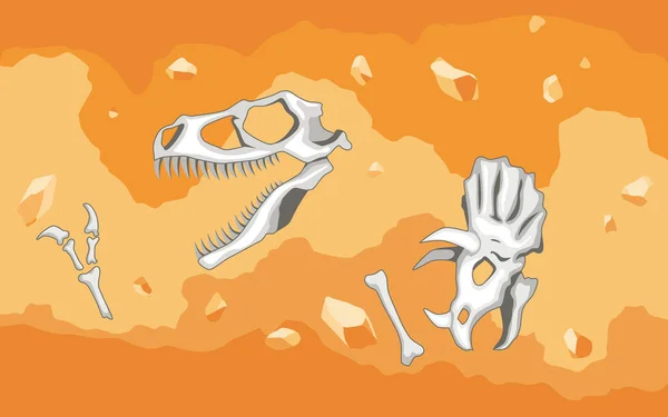 Era de la historia de la Tierra. Dinosaurios fósiles, elementos para trabajos de paleontología y arqueología. Escena con varios huesos de animales en la capa del suelo. Vector viejos esqueletos dino enterrados bajo tierra — Vector de stock