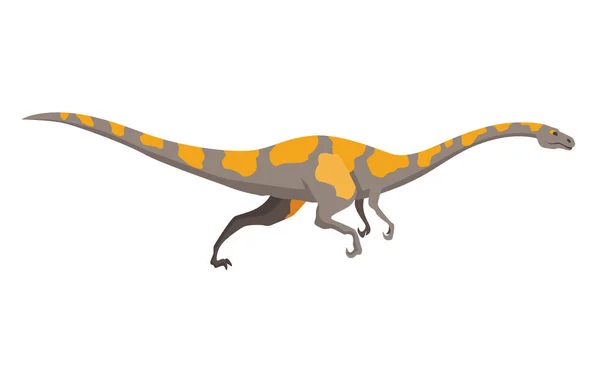 Lindo dinosaurio o dragón personaje de dibujos animados en estilo plano. Ilustración vectorial aislada sobre fondo blanco. Monstruo divertido prehistórico para los niños tema — Archivo Imágenes Vectoriales