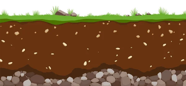 Horizontes superficiales de capas de suelo. Estructura terrestre con una mezcla de materia orgánica y piedras. Fondo paleontológico plano de dibujos animados. Geología ilustrativa — Vector de stock