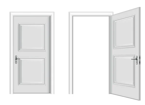 Entrée blanche ouverte et fermée. Porte réaliste isolée sur fond blanc. Modèle de porte blanche design propre. Elément de maison décorative — Image vectorielle