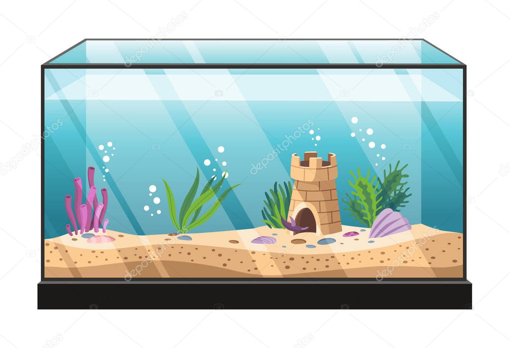 Aquarium with colourful algae. Underwater life wtith decorative accessories in flat style. Decoration of home interior. Beautiful glass aquarium with shells, sand bubbles
