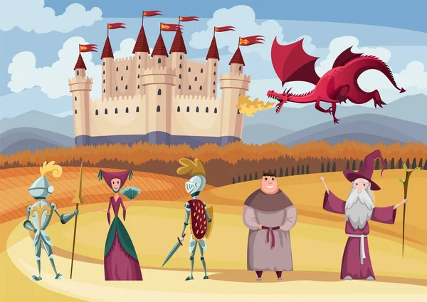 Середньовічний лицар у повному обладунку, лагідний, дракон та інші на казковому середньовічному тлі замку. Картон середнього віку історичний період. Персонажі середньовічного царства, що стоять у костюмах — стоковий вектор