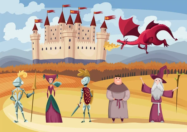 Caballero medieval en armadura completa, laydy, dragón y otros en el fondo del castillo medieval de cuento de hadas. Dibujos animados Edad Media período histórico. Personajes medievales del reino de pie en trajes — Vector de stock