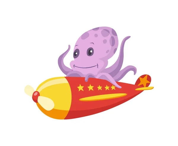 Leuke baby dier octopus in het vliegtuig. Grappige piloot die in het vliegtuig vliegt. Cartoon vector karakter vliegen op retro transport — Stockvector