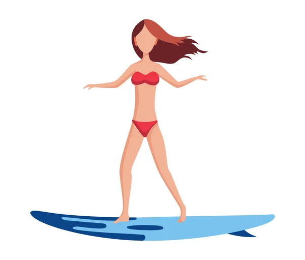 Mujer flotando. Divertido personaje femenino. Jovencita nadando en tabla de surf. Ilustración de dibujos animados planos de verano — Vector de stock