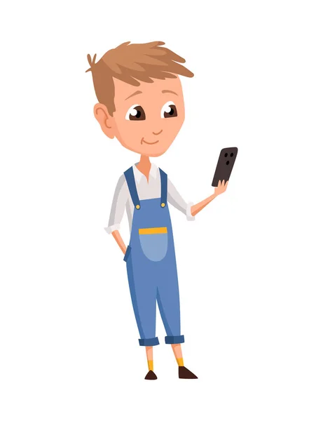 Kind mit Gadget. Kind und moderne Technologie bunte Zeichentrickfigur. Kleiner Junge hält Smartphone in der Hand — Stockvektor