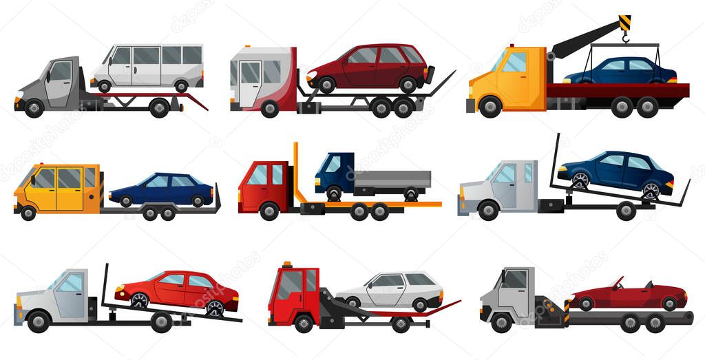 Collection of tow trucks. Flat faulty car loaded on a tow truck. Vehicle repair service which provides assistance damaged or salvaged cars