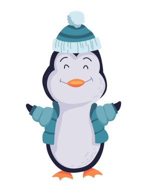 Sevimli penguenler sıcak kıyafetler giyer. Çizgi film tarzında komik bir çizim karakteri. Sevimli vahşi hayvan.