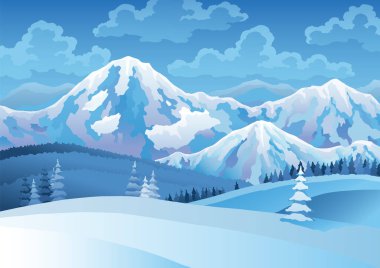 Önünde karlı çam ağaçları, arkasında dağlar, tepeler, gökyüzünde bulutlar olan kış manzarası. Karla kaplı alanın vektör çizimi. Seyahat için yatay doğa sahnesi